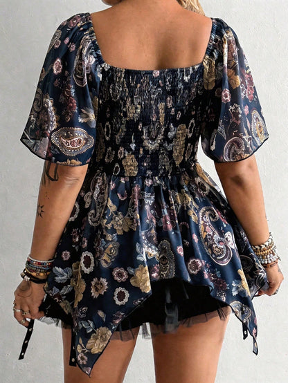 Flirla Plus Size Women Floral Print Waist Cinched Asymmetric Hem Shirt