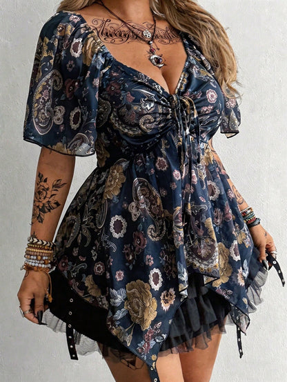 Flirla Plus Size Women Floral Print Waist Cinched Asymmetric Hem Shirt