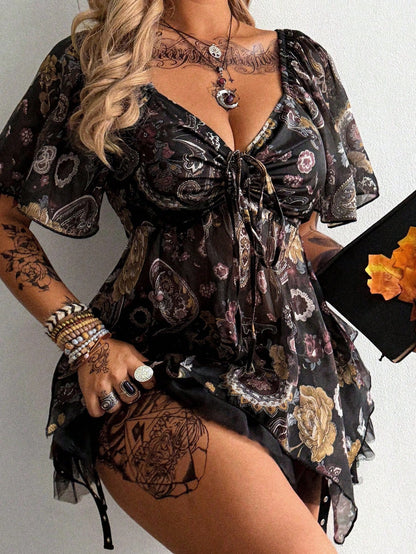 Flirla Plus Size Women Floral Print Waist Cinched Asymmetric Hem Shirt