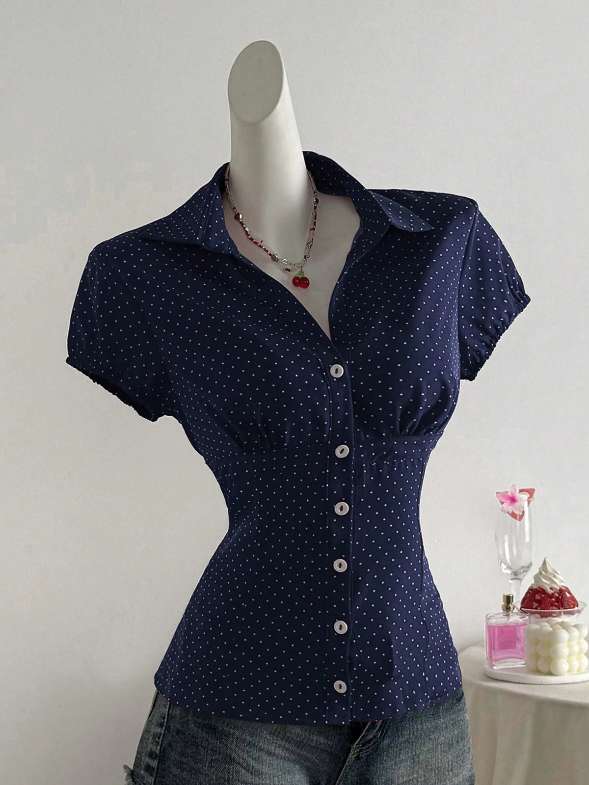 Flirla Polka Dot Print Lapel Collar Fitted Short Sleeve Blouse For Women