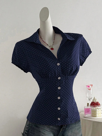 Flirla Polka Dot Print Lapel Collar Fitted Short Sleeve Blouse For Women