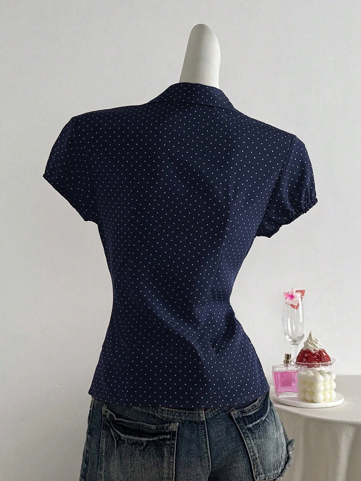Flirla Polka Dot Print Lapel Collar Fitted Short Sleeve Blouse For Women