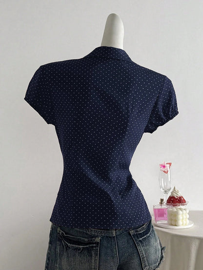 Flirla Polka Dot Print Lapel Collar Fitted Short Sleeve Blouse For Women