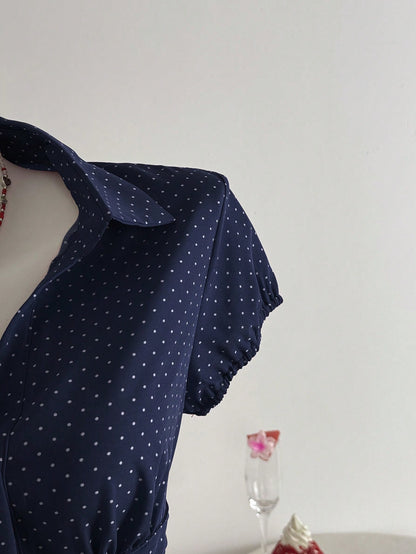 Flirla Polka Dot Print Lapel Collar Fitted Short Sleeve Blouse For Women