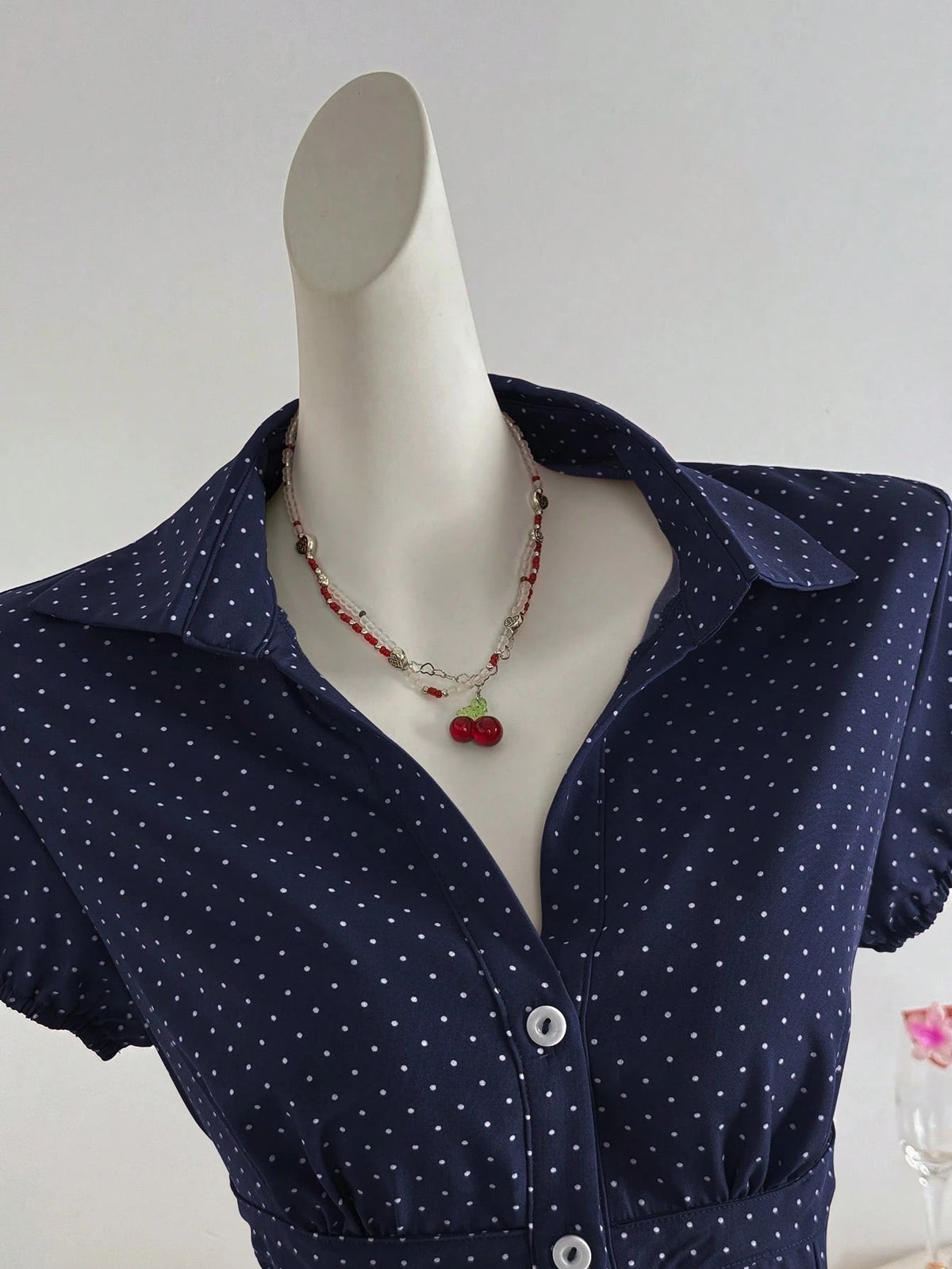 Flirla Polka Dot Print Lapel Collar Fitted Short Sleeve Blouse For Women