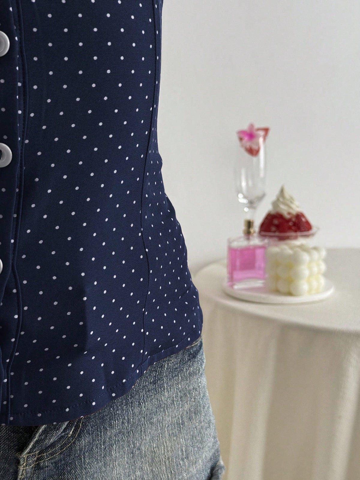 Flirla Polka Dot Print Lapel Collar Fitted Short Sleeve Blouse For Women