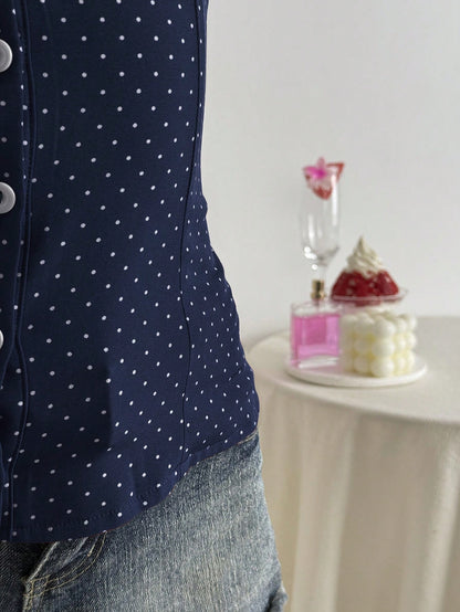 Flirla Polka Dot Print Lapel Collar Fitted Short Sleeve Blouse For Women
