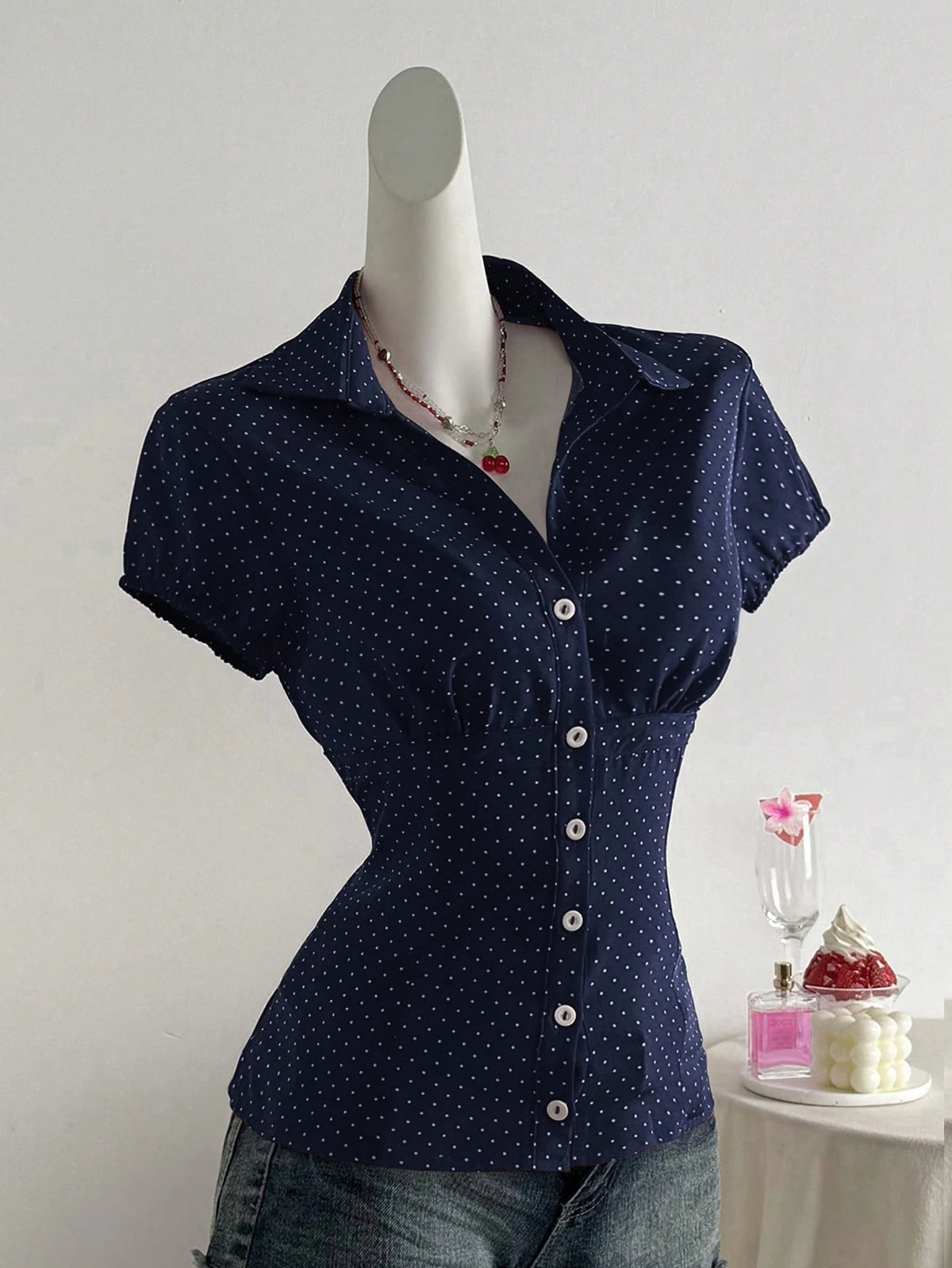 Flirla Polka Dot Print Lapel Collar Fitted Short Sleeve Blouse For Women