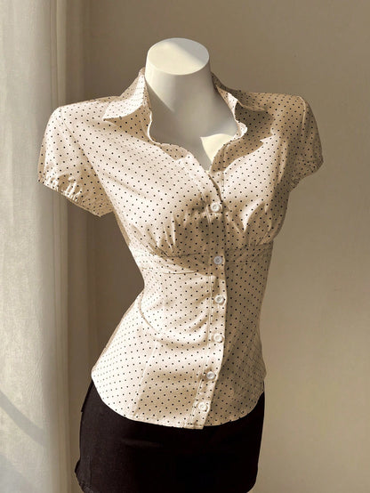 Flirla Polka Dot Print Lapel Collar Fitted Short Sleeve Blouse For Women