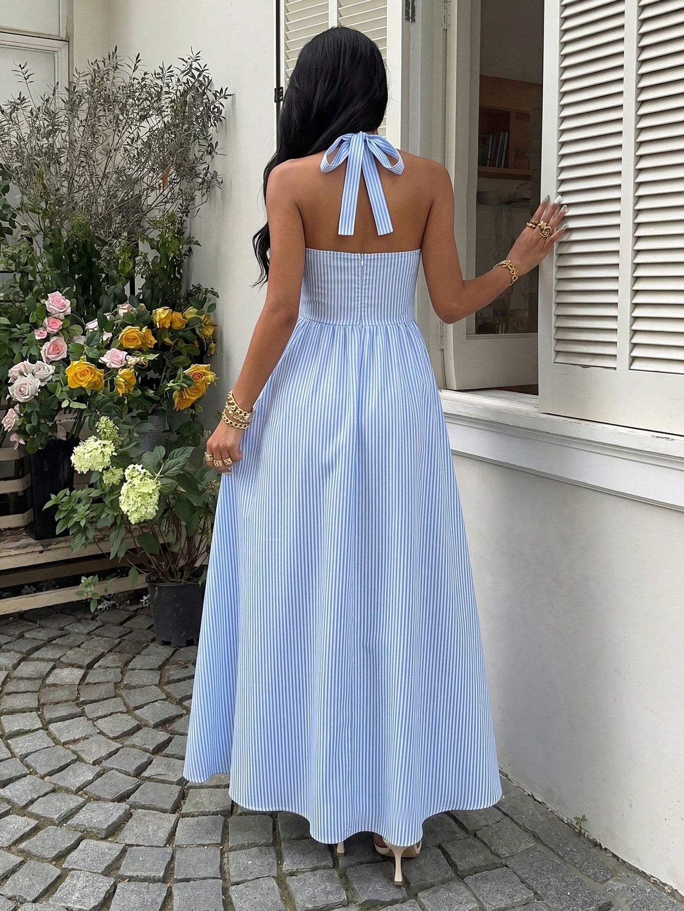 Flirla Women's Blue & White Striped Strapless Backless A-Line Casual Vacation Sexy European And American Style Dress