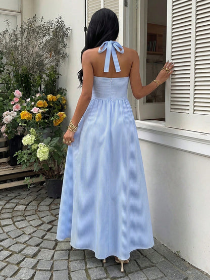 Flirla Women's Blue & White Striped Strapless Backless A-Line Casual Vacation Sexy European And American Style Dress