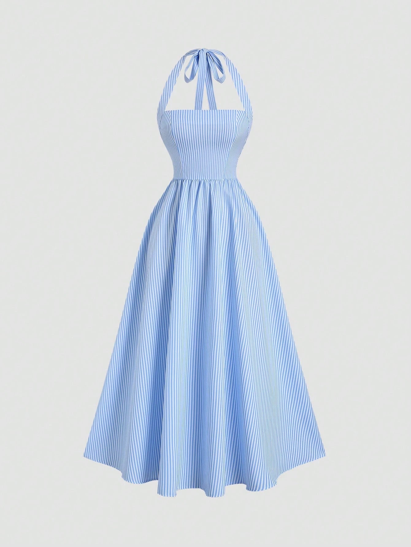 Flirla Women's Blue & White Striped Strapless Backless A-Line Casual Vacation Sexy European And American Style Dress