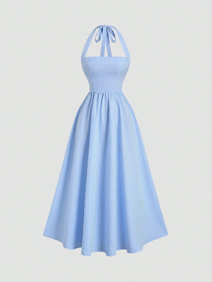 Flirla Women's Blue & White Striped Strapless Backless A-Line Casual Vacation Sexy European And American Style Dress