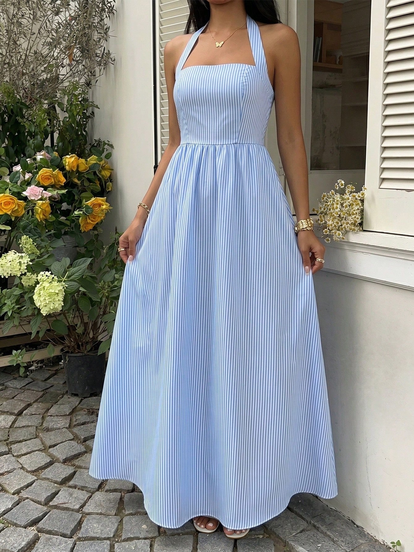 Flirla Women's Blue & White Striped Strapless Backless A-Line Casual Vacation Sexy European And American Style Dress