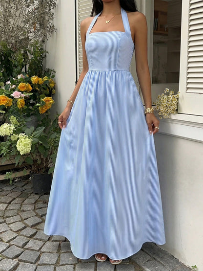 Flirla Women's Blue & White Striped Strapless Backless A-Line Casual Vacation Sexy European And American Style Dress