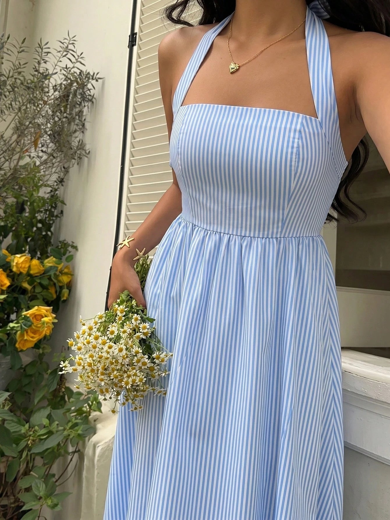 Flirla Women's Blue & White Striped Strapless Backless A-Line Casual Vacation Sexy European And American Style Dress