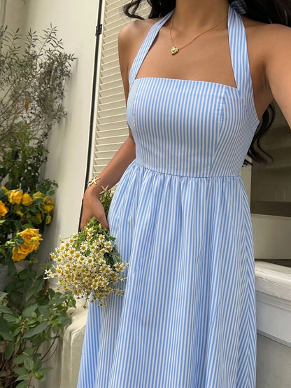 Flirla Women's Blue & White Striped Strapless Backless A-Line Casual Vacation Sexy European And American Style Dress