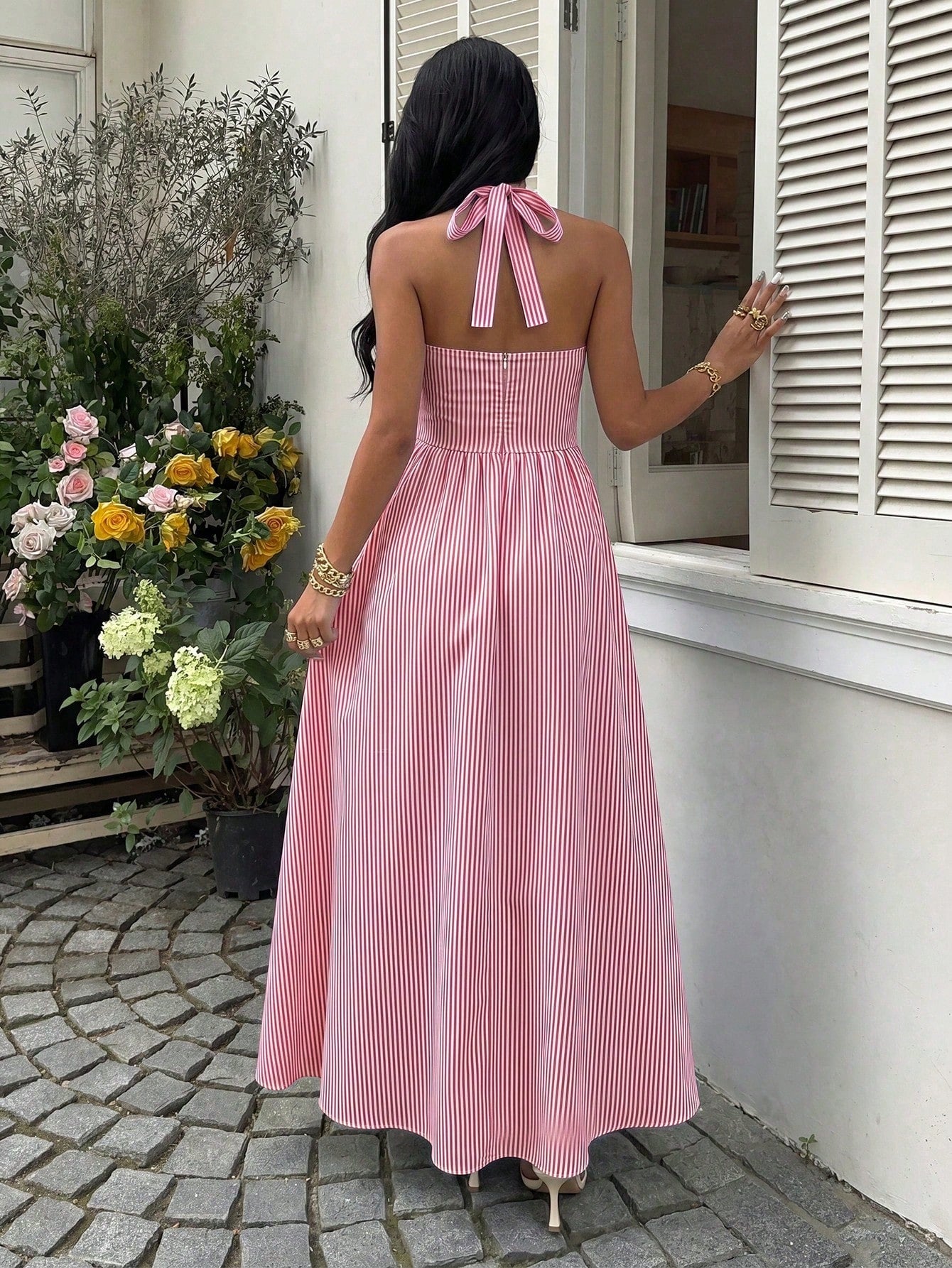 Flirla Women's Blue & White Striped Strapless Backless A-Line Casual Vacation Sexy European And American Style Dress