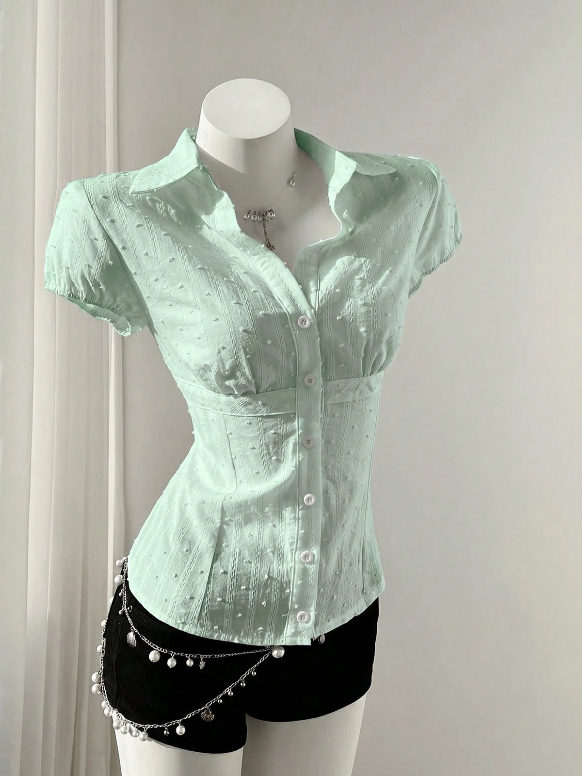 Flirla Women's Casual Retro Sweet & Spicy Textured Jacquard Waist Cinching Vacation Fitted Short Sleeve Blouse