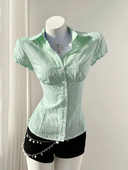 Flirla Women's Casual Retro Sweet & Spicy Textured Jacquard Waist Cinching Vacation Fitted Short Sleeve Blouse