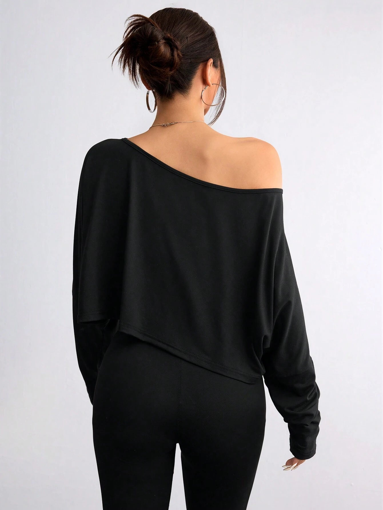 Flirla Women's Casual Solid Color Batwing Cropped T-Shirt, Spring/Autumn Fall Cloth For Women
