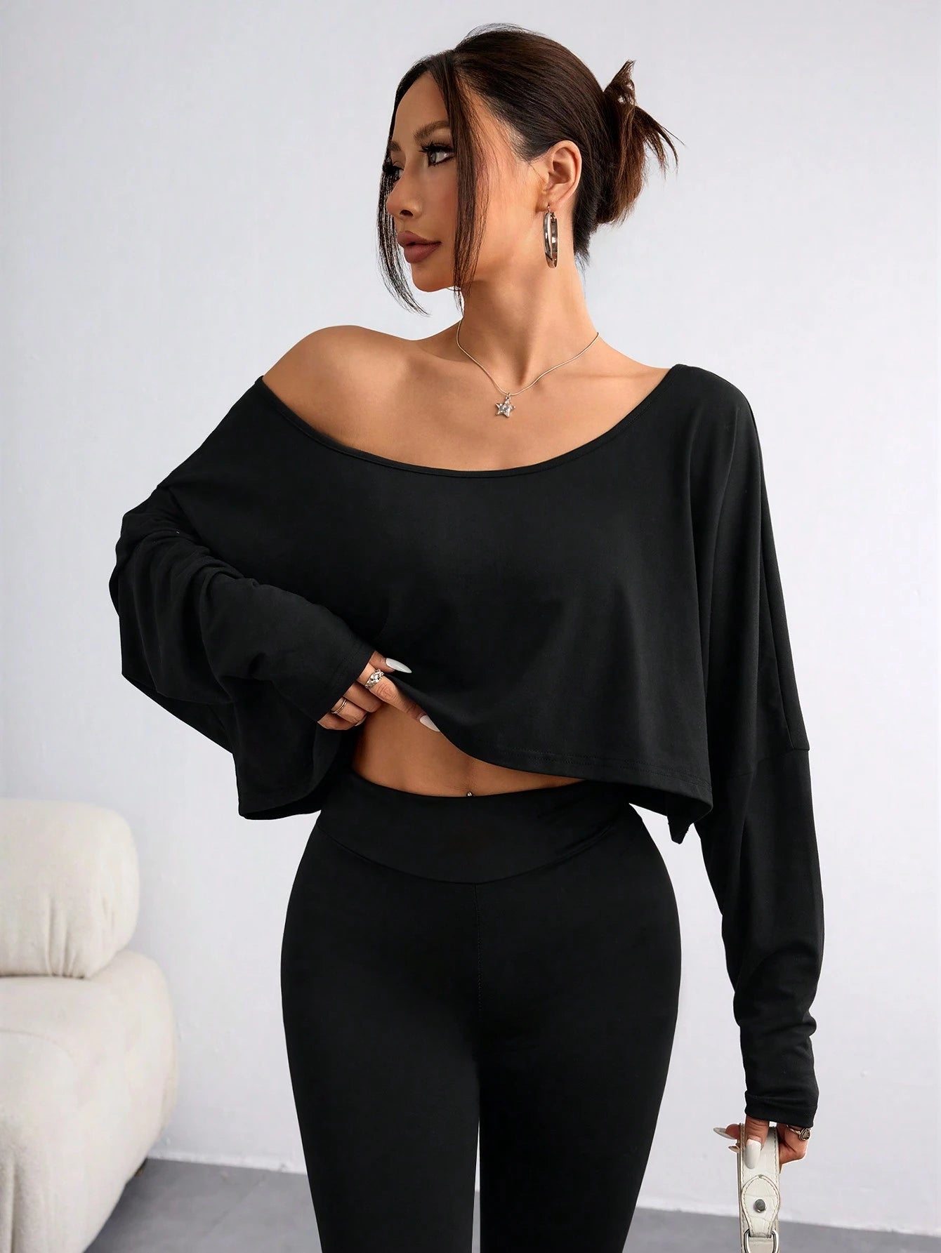 Flirla Women's Casual Solid Color Batwing Cropped T-Shirt, Spring/Autumn Fall Cloth For Women