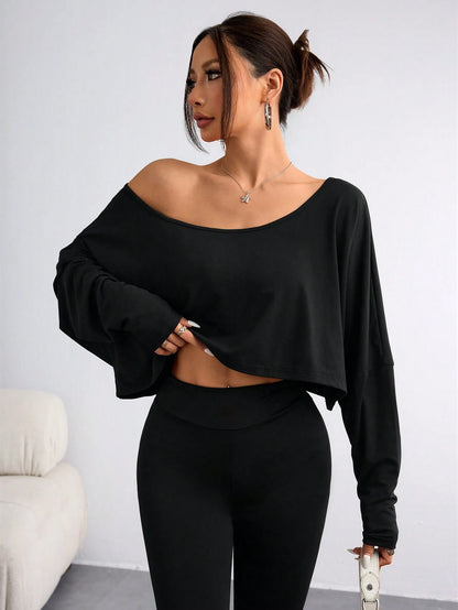 Flirla Women's Casual Solid Color Batwing Cropped T-Shirt, Spring/Autumn Fall Cloth For Women
