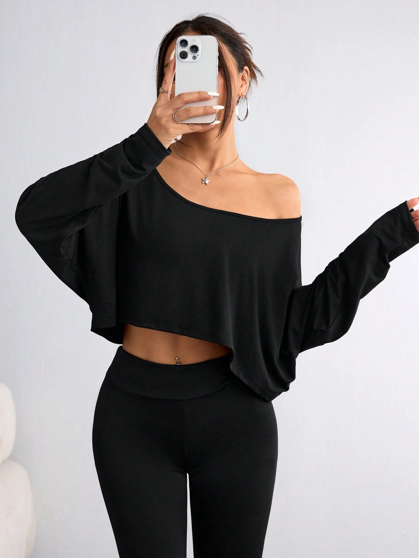 Flirla Women's Casual Solid Color Batwing Cropped T-Shirt, Spring/Autumn Fall Cloth For Women