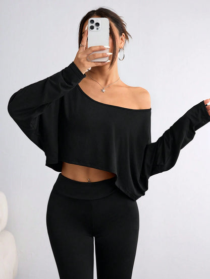 Flirla Women's Casual Solid Color Batwing Cropped T-Shirt, Spring/Autumn Fall Cloth For Women