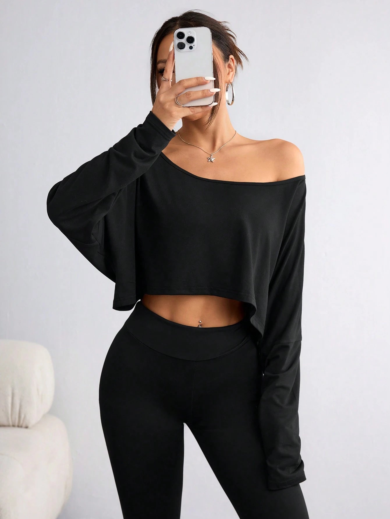 Flirla Women's Casual Solid Color Batwing Cropped T-Shirt, Spring/Autumn Fall Cloth For Women