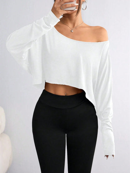 Flirla Women's Casual Solid Color Batwing Cropped T-Shirt, Spring/Autumn Fall Cloth For Women