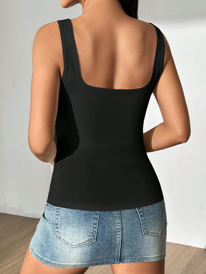 Flirla Women's Sexy Pink Square Neck Tank Top, Slim Fit Summer Cami Top