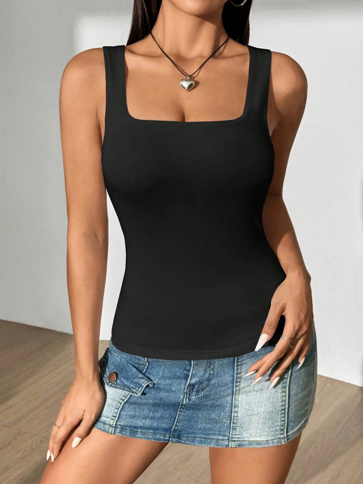 Flirla Women's Sexy Pink Square Neck Tank Top, Slim Fit Summer Cami Top