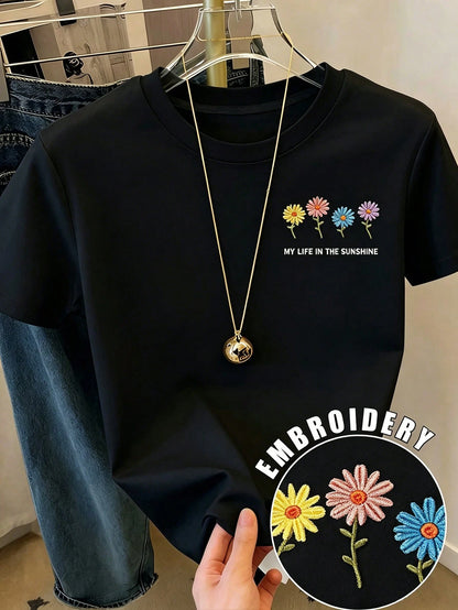 Floral Embroidery Short Sleeve T-Shirt, Summer Tee, Refreshing Women Top, Aesthetic Tee, Handcraft Embroidery Lover Gift