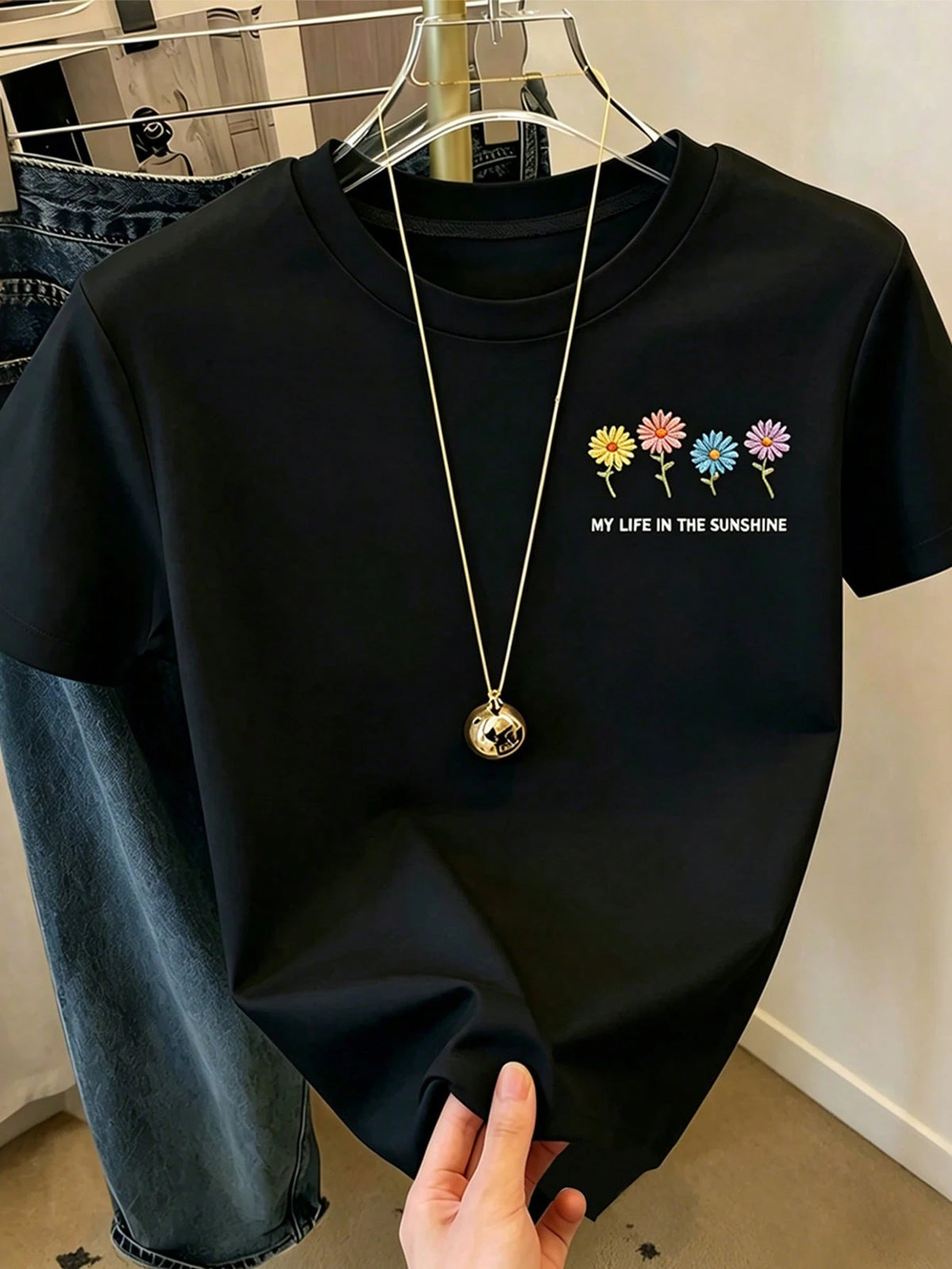 Floral Embroidery Short Sleeve T-Shirt, Summer Tee, Refreshing Women Top, Aesthetic Tee, Handcraft Embroidery Lover Gift