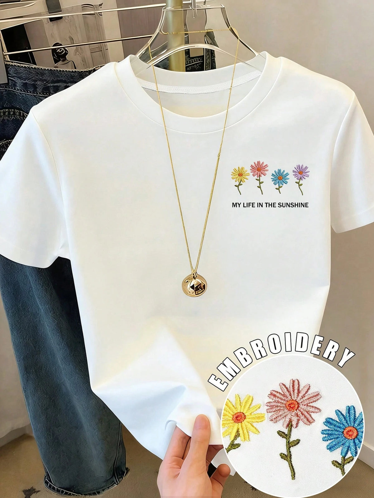 Floral Embroidery Short Sleeve T-Shirt, Summer Tee, Refreshing Women Top, Aesthetic Tee, Handcraft Embroidery Lover Gift