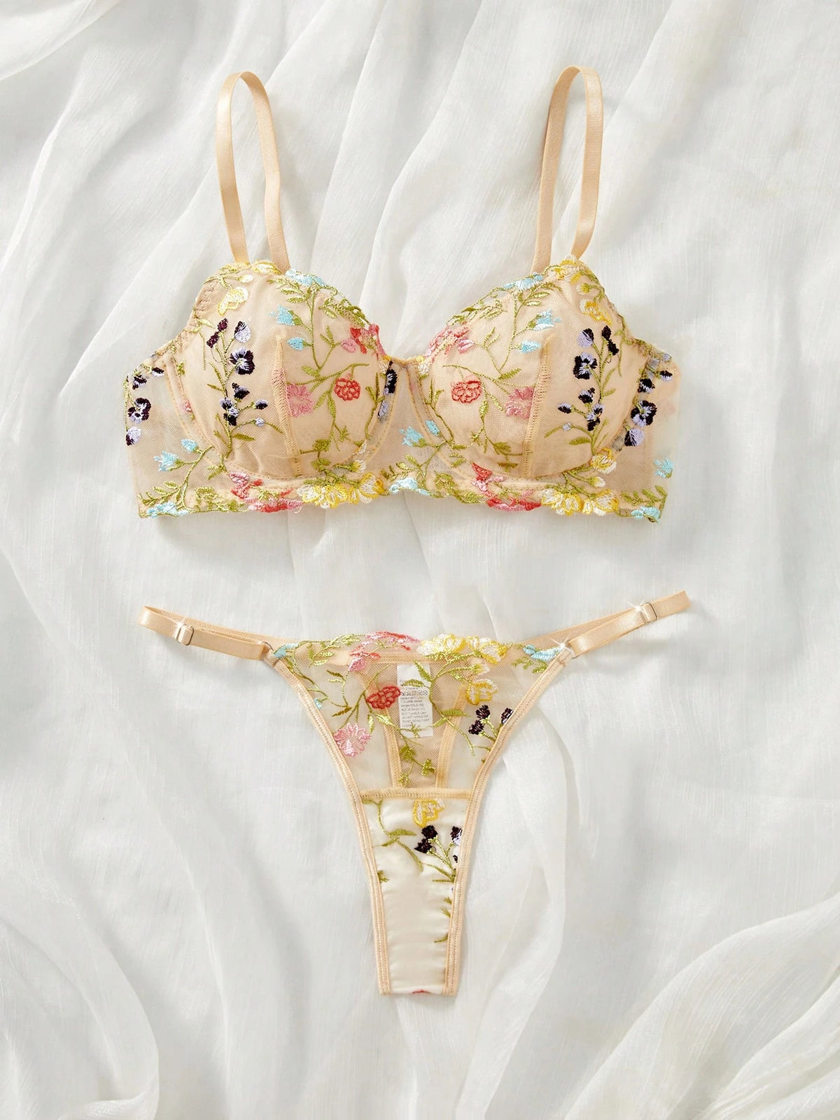 Floral Embroidery Spaghetti Strap Camisole Top And Bottoms Sexy Lingerie Set For Women