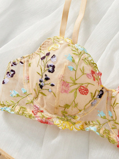 Floral Embroidery Spaghetti Strap Camisole Top And Bottoms Sexy Lingerie Set For Women