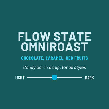 Flow State Omniroast coffee bag on teal background with bold white logo and flavor notes of chocolate caramel and red fruits