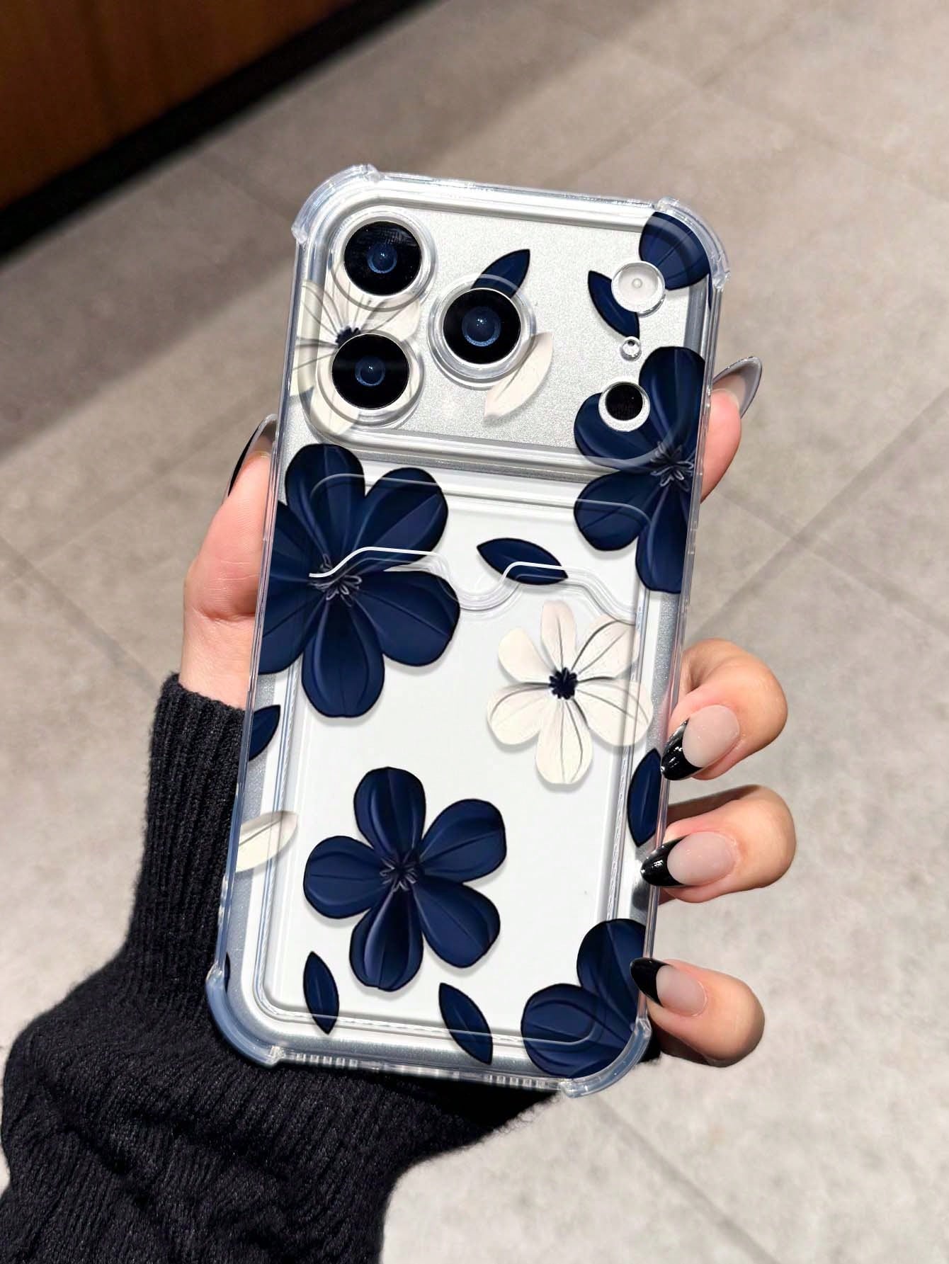 Flower Blue & White Floral Card Holder Anti-Drop Phone Case Compatible With Apple 17/16/14 Pro Max, High-Quality New Model 13, 15, Ins Style 12/12 Pro, 11, 15 Pro Max, 16
