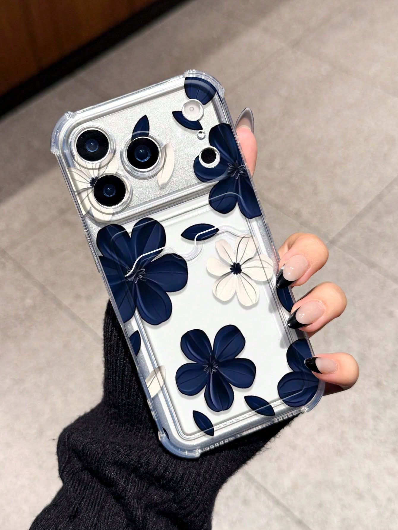 Flower Blue & White Floral Card Holder Anti-Drop Phone Case Compatible With Apple 17/16/14 Pro Max, High-Quality New Model 13, 15, Ins Style 12/12 Pro, 11, 15 Pro Max, 16