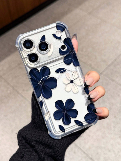 Flower Blue & White Floral Card Holder Anti-Drop Phone Case Compatible With Apple 17/16/14 Pro Max, High-Quality New Model 13, 15, Ins Style 12/12 Pro, 11, 15 Pro Max, 16