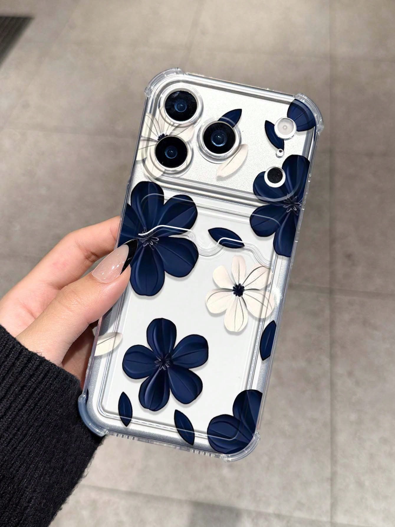 Flower Blue & White Floral Card Holder Anti-Drop Phone Case Compatible With Apple 17/16/14 Pro Max, High-Quality New Model 13, 15, Ins Style 12/12 Pro, 11, 15 Pro Max, 16