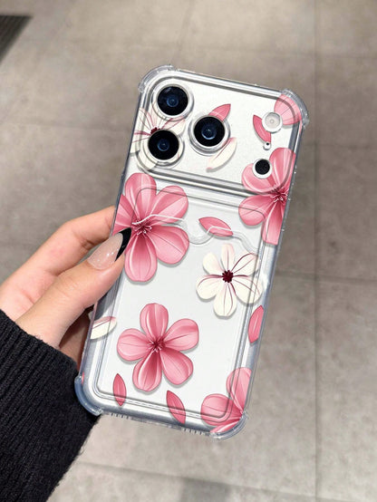 Flower Blue & White Floral Card Holder Anti-Drop Phone Case Compatible With Apple 17/16/14 Pro Max, High-Quality New Model 13, 15, Ins Style 12/12 Pro, 11, 15 Pro Max, 16