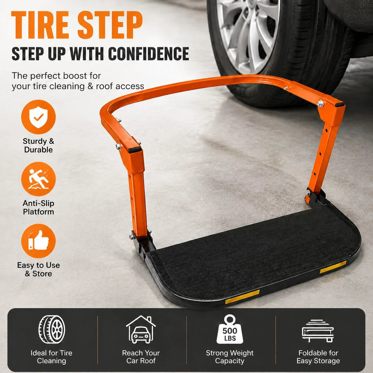 Foldable Tire Step With Anti-Slip Feature- A Key Component For Maintaining Trucks, SUVs, And Trailers- Height Adjustable And Capable Of Supporting Up To 500 Pounds- Portable And Foldable Design, Ti