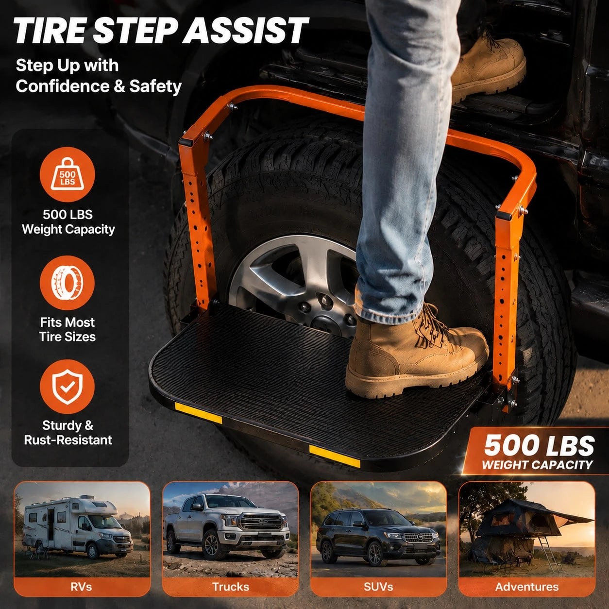 Foldable Tire Step With Anti-Slip Feature- A Key Component For Maintaining Trucks, SUVs, And Trailers- Height Adjustable And Capable Of Supporting Up To 500 Pounds- Portable And Foldable Design, Ti