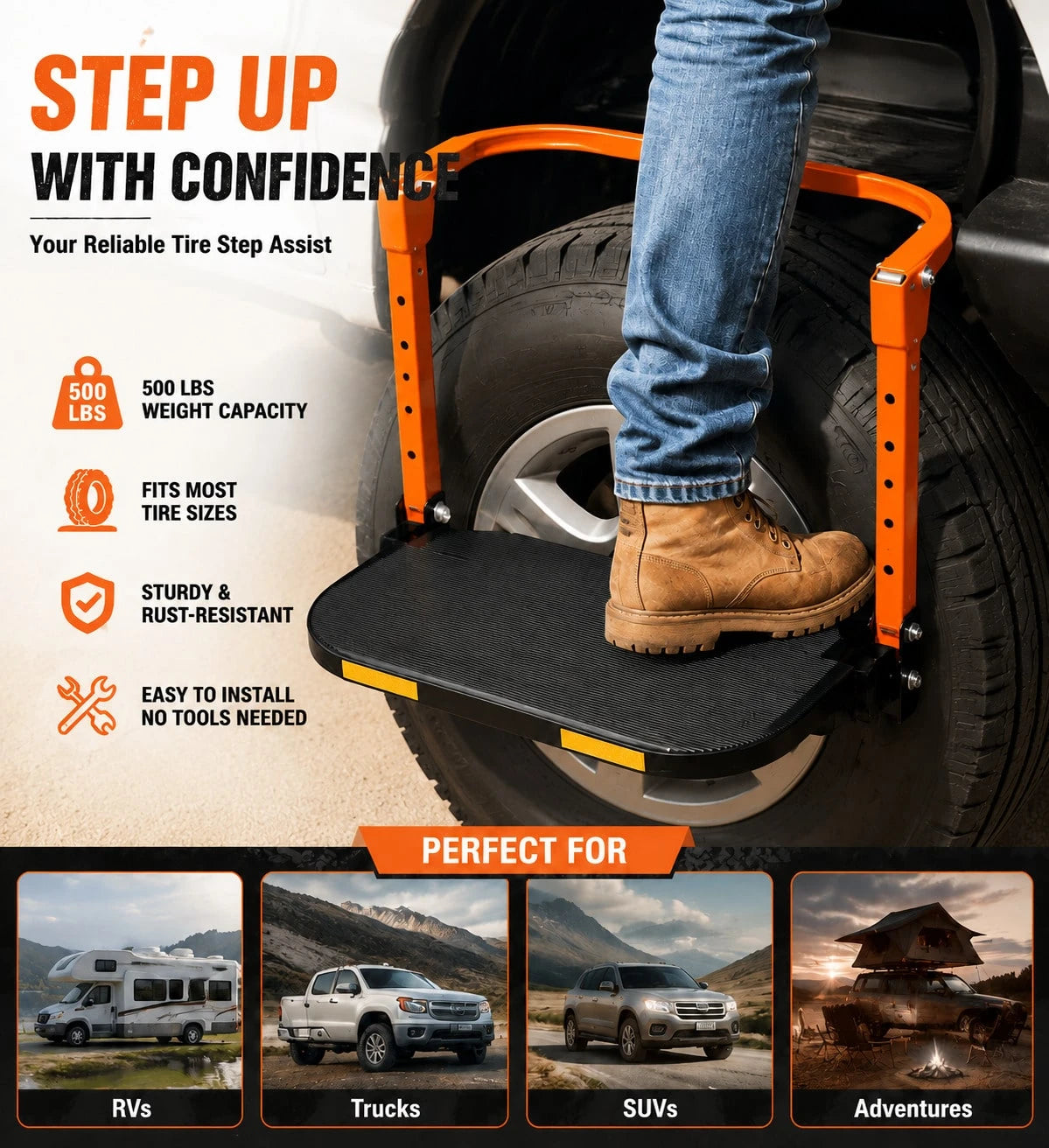 Foldable Tire Step With Anti-Slip Feature- A Key Component For Maintaining Trucks, SUVs, And Trailers- Height Adjustable And Capable Of Supporting Up To 500 Pounds- Portable And Foldable Design, Ti