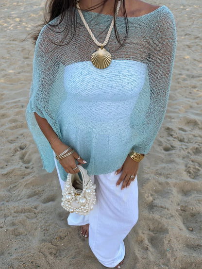 FOR BEAUTY Summer Y2K Women's Blue Solid Color Sun Protection Shawl, Front Tie Beach Cover-Up, Bohemian Style Vacation Resort Casual Fashion Top