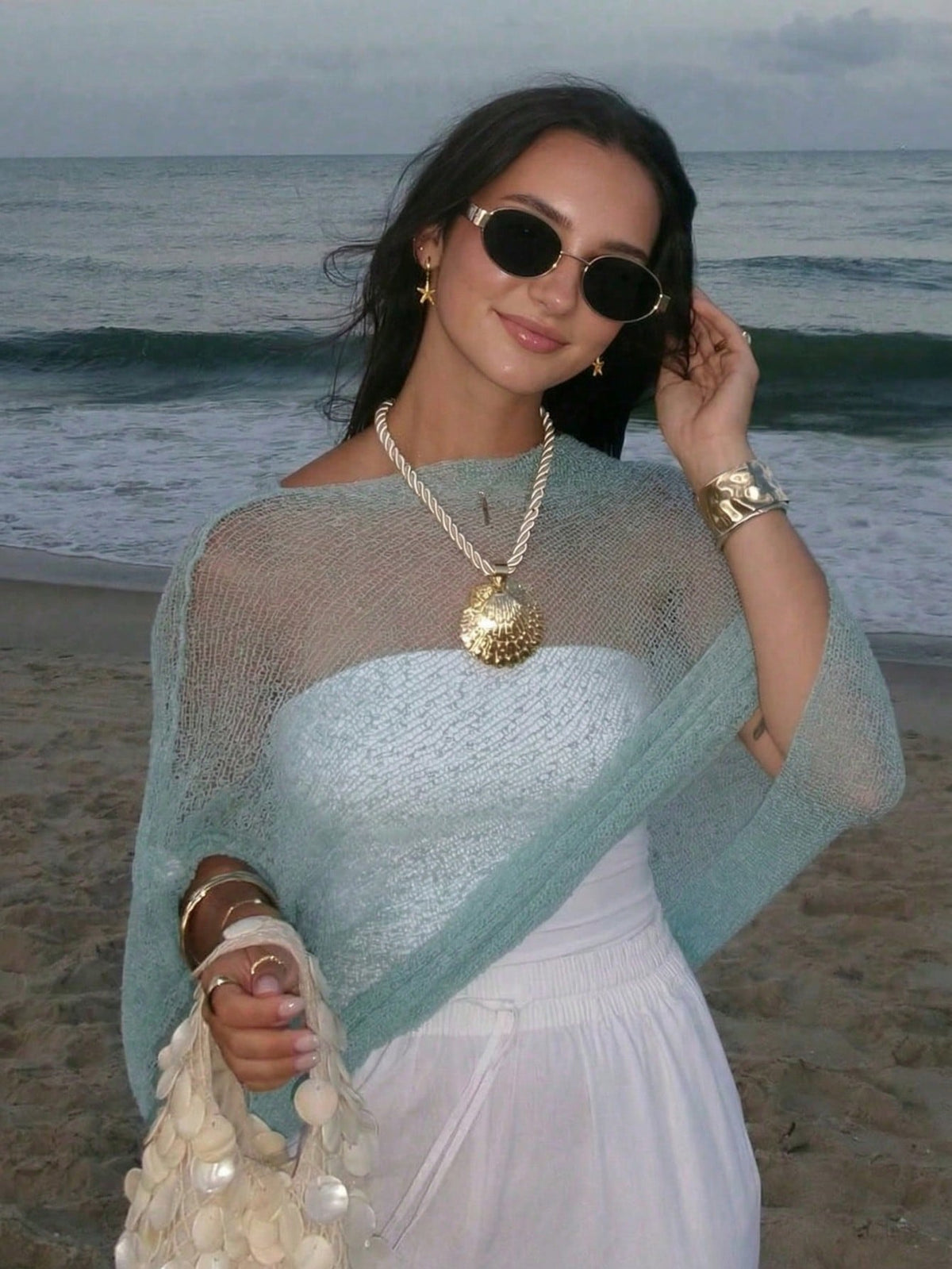 FOR BEAUTY Summer Y2K Women's Blue Solid Color Sun Protection Shawl, Front Tie Beach Cover-Up, Bohemian Style Vacation Resort Casual Fashion Top