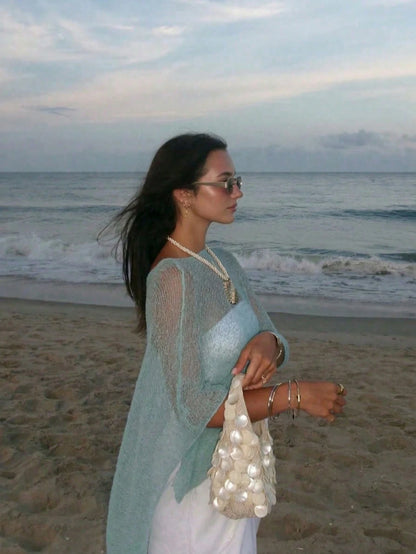 FOR BEAUTY Summer Y2K Women's Blue Solid Color Sun Protection Shawl, Front Tie Beach Cover-Up, Bohemian Style Vacation Resort Casual Fashion Top